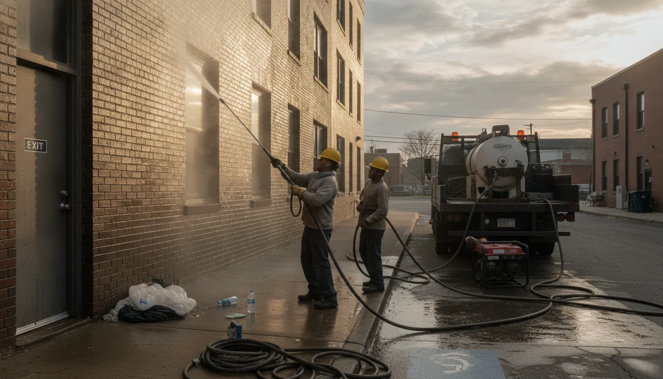 Featured hero image of commercial building exterior pressure washing in Salem for local businesses